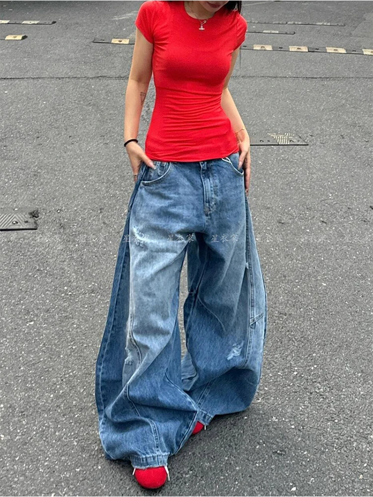 Женские синие мешковатые джинсы Y2k в стиле Харадзюку 90-х эстетические джинсовые