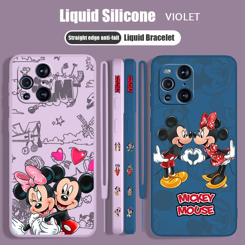 

Disney Mickey Mouse couple Liquid Left Rope Phone Case For OPPO Find X5 X3 X2 Lite Pro Neo 5G Lanyard Funda Soft TPU Cover