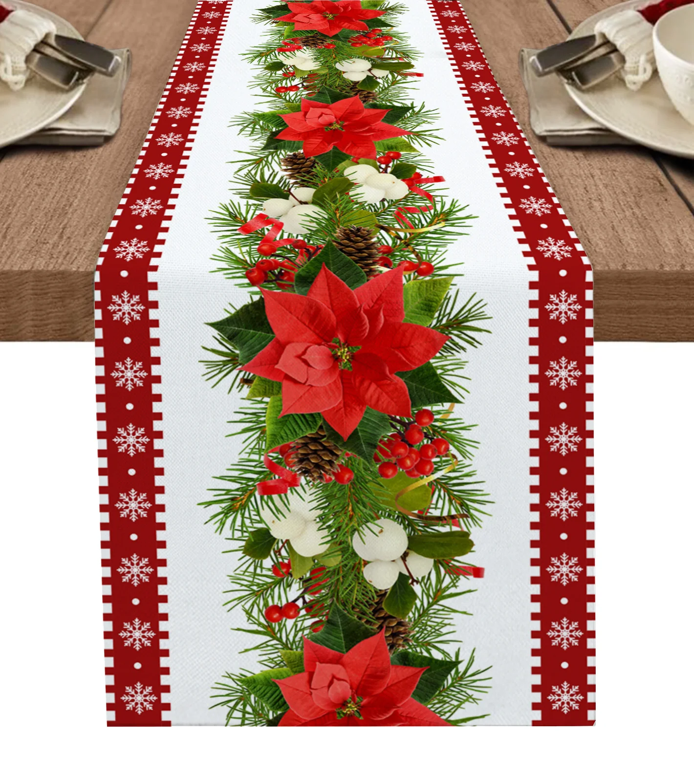 

Christmas Snowflake Flower Pine Table Runner for Dining Table Wedding Decor Tablecloth Home Party Decor Table Mats