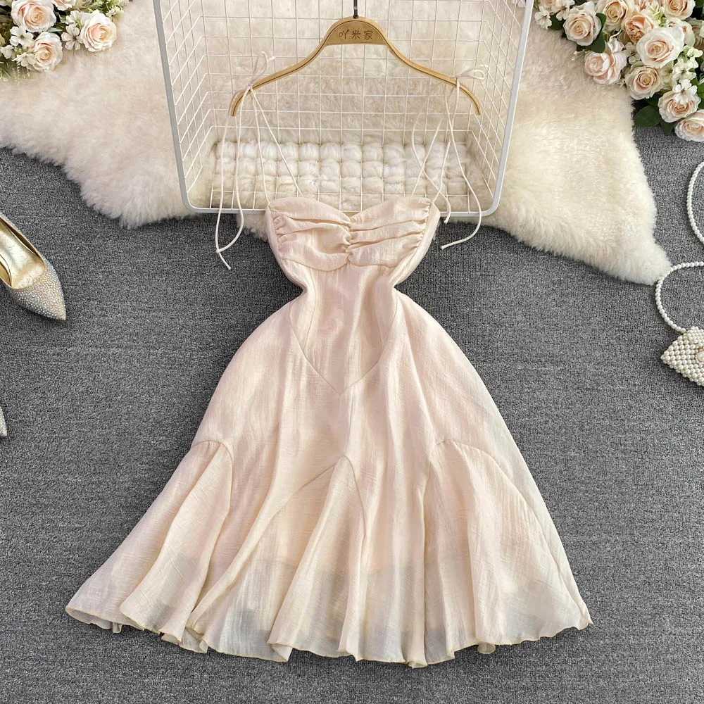 

FMFSSOM Summer Sexy Strapless Spaghetti Strap Sleeveless Dress Fashion High Waist Slim Open Back Irregular Ruffle A-Line Dresses