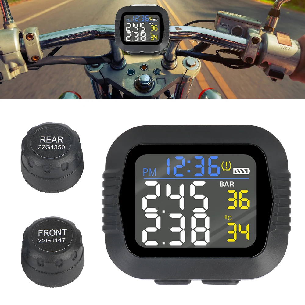 

Motorcycle TPMS With 2 External Sensors Temperature Alarm Tire Pressure Monitoring System LCD Colorful Display Digital Clock