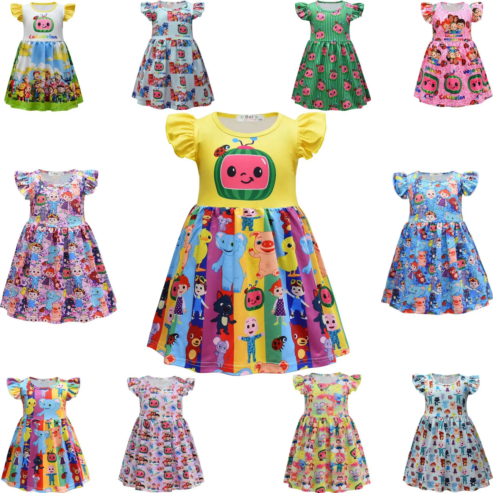 Baby Girls Casual Toddler Dress Cartoon Cocomeloned Printed Flying Sleeves Summer Dresses Kids Carnival Party Clothes