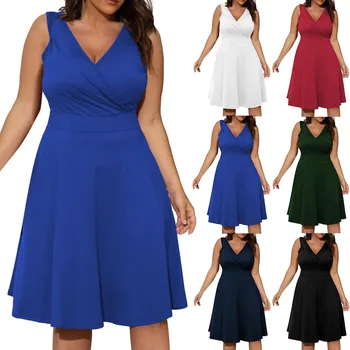 Plus Size 5XL Summer Dress for Women Blue Sexy V Neck Sleeveless Formal Occasion Midi Dresses Ladies Office Evening Party Dress 1
