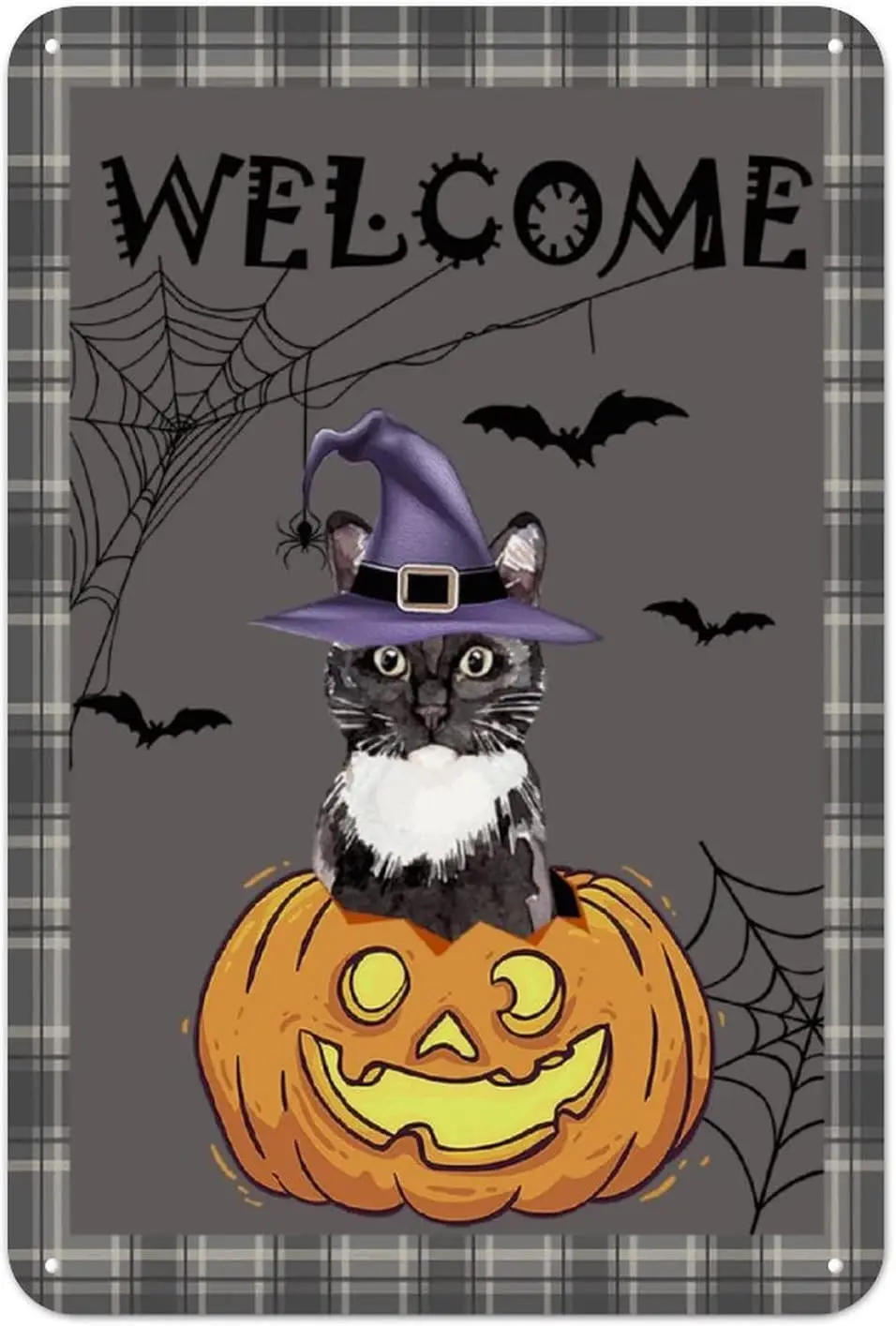 Хэллоуин Добро пожаловать тыква кошка жестяная вывеска летучая мышь паутина