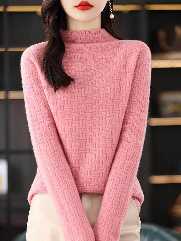 Новинка 100% Осень-зима 2024 вязаный свитер из чистой шерсти с воротником средней