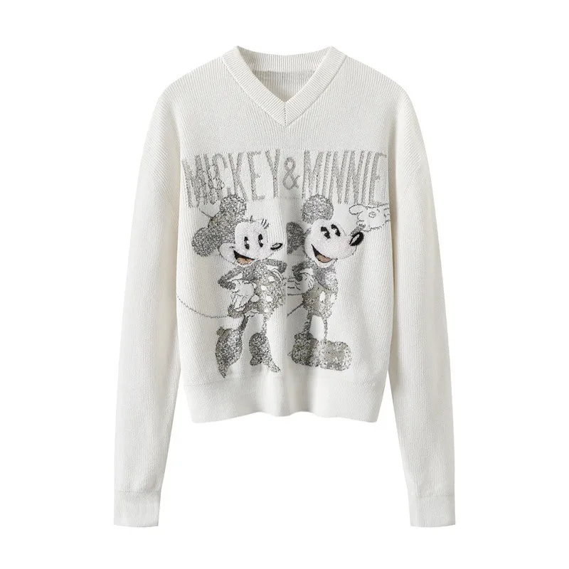 

Disney Spring New Fashion Mickey and Minnie Cartoon Loose V-Neck Sequin Knit Casual White Sweater Women‘s Tops