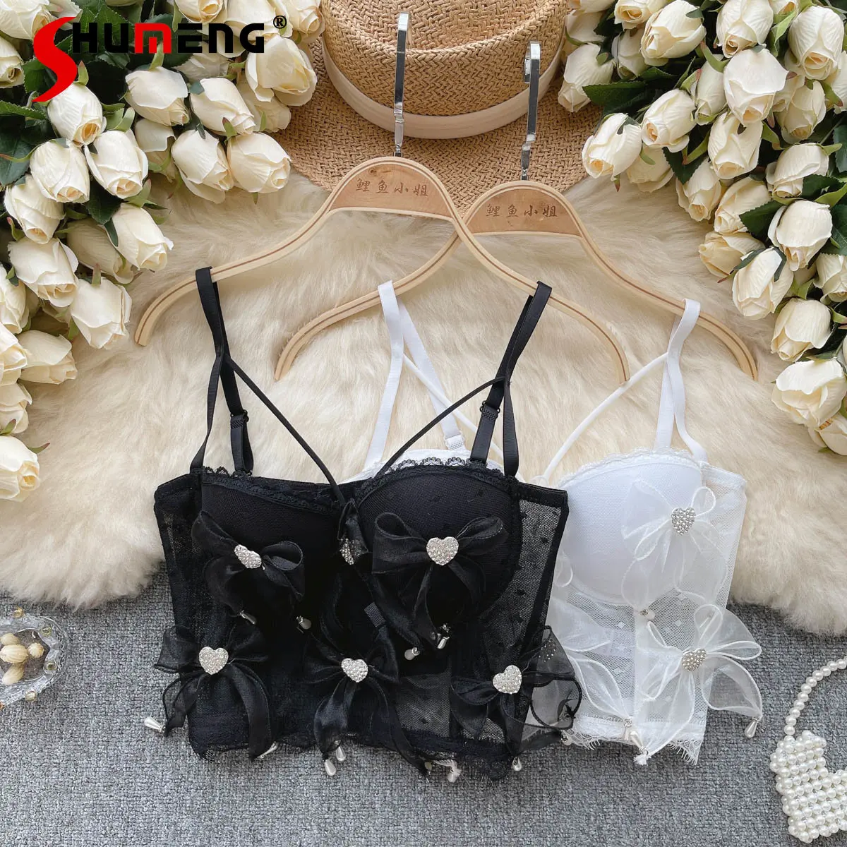 

Summer New Mesh Stitching 3D Flower Underwear Sling Women's Solid Color See-through Sexy Lace Sweet Bra All-Matching Crop Tops