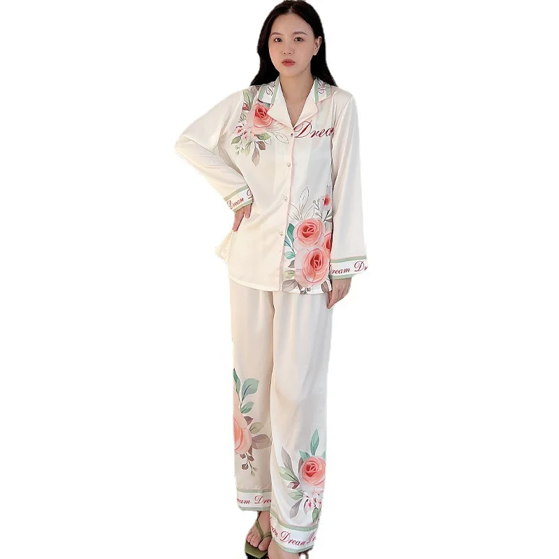 Ice Silk Pajamas Women's High-end Thin Section Can Be Worn Outside Silk Long-sleeved Large Size Home Clothes Spring and Autumn