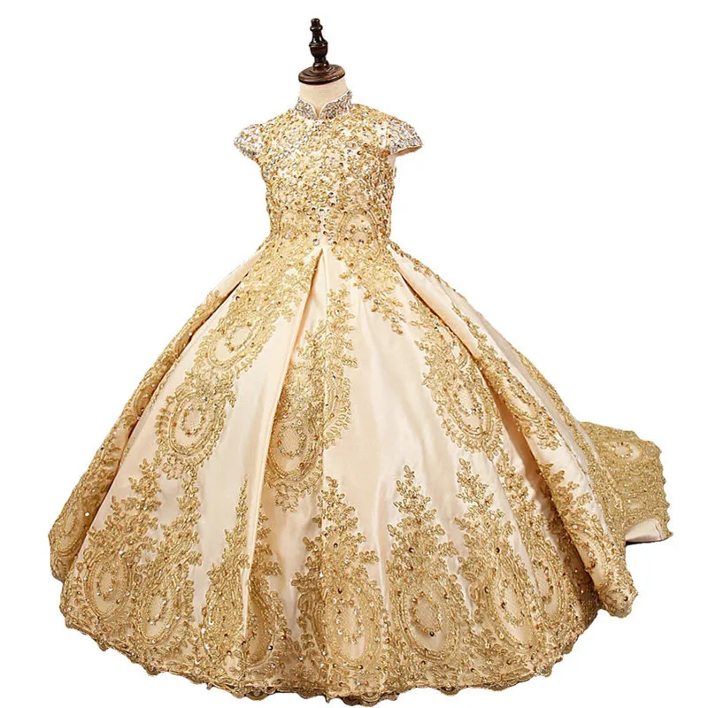 

Princess Luxury Flower Girl Dresses For Weddings Gold Lace Applique Beading Kids Girls First Holy Communion Satin Party Dresses