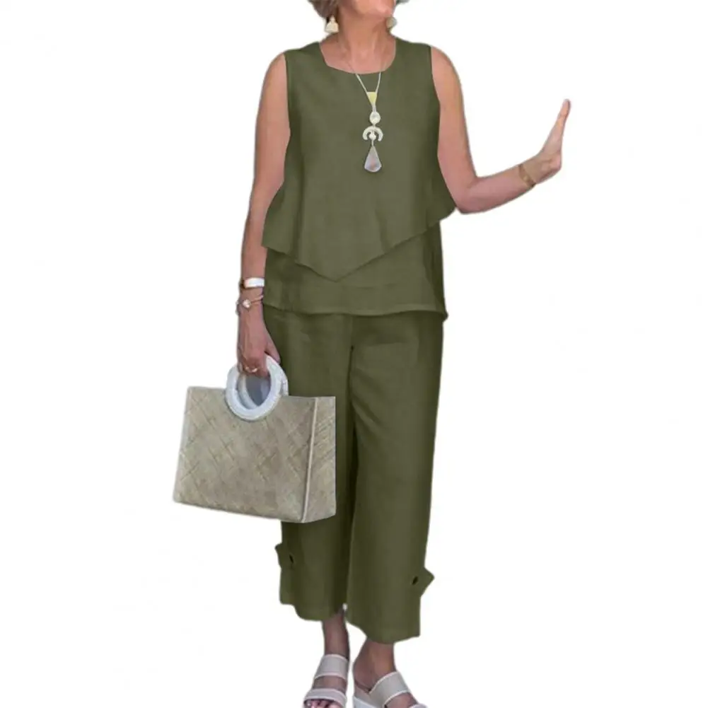 

Solid Color 2 Pcs/Set Good Mid Waist Women Tops Pants Set Two Pieces Women Tops Pants Set Simple Female Clothes