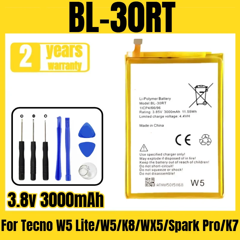 Фото Подходит для аккумулятора Tecno Transsion W5 Lite/W5/K8/WX5/Spark Pro/K7, модель BL-30RT, для мобильного телефона, с бесплатным инструментом, 3.8В, 3000мАч. №1