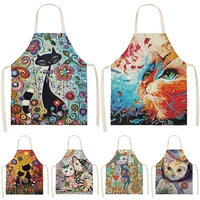 1 set cute cat colorful printed kitchen aprons for women adults home 5365cm cotton linen home cleaning cooking delantal cocina