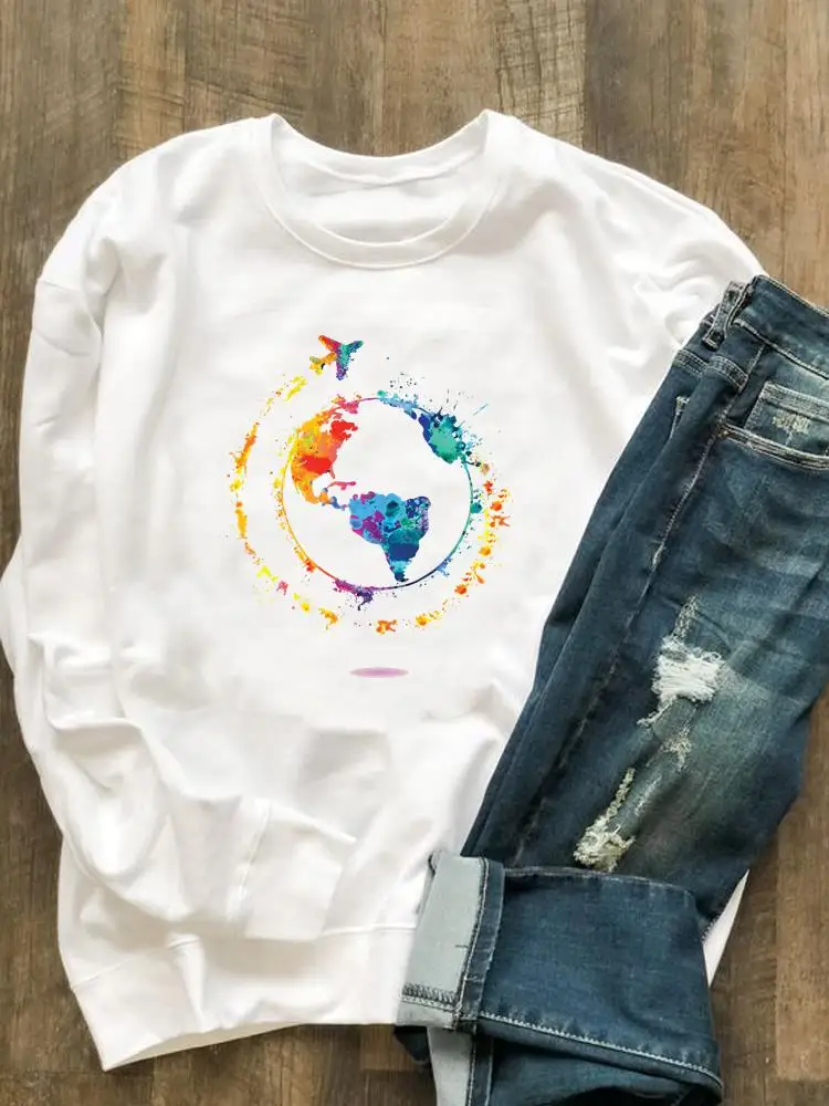 

O-neck Fashion Clothing Casual Women Graphic Sweatshirts Travel Love Watercolor World Autumn Spring Clothes Print Pullovers