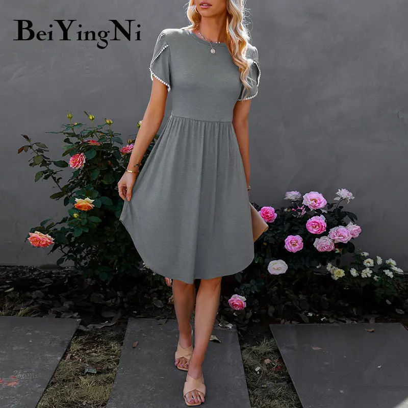 

Элегантные платья Beiyingni с круглым вырезом для женщин, однотонная Лоскутная одежда, женское платье миди с коротким рукавом, повседневные мод...