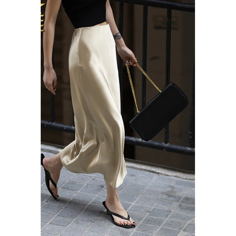 

Unireal 2023 Летняя Женская атласная юбка с высокой талией Офисная Женская шелковая юбка миди с разрезом
