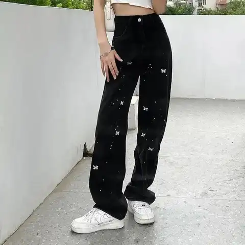 Women Jeans Vintage Splash ink Embroidery Butterfly jeans Streetwear High Waist Wide Leg Pants Harajuku Straight Denim Trouser