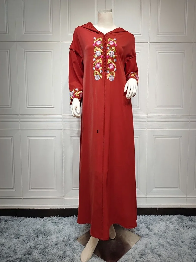 Morocco Muslim Hooded Dress Abayas for Women Hoodie Dress Ethnic Embroidered Button Vestidos Kaftan Long Sleeve Arab Ladies Robe