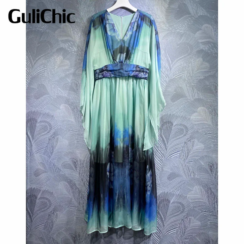 

6.22 GuliChic Runway Fashion Women V-Neck Blue Gradient Flower Print High Waist Elegant Long Drees