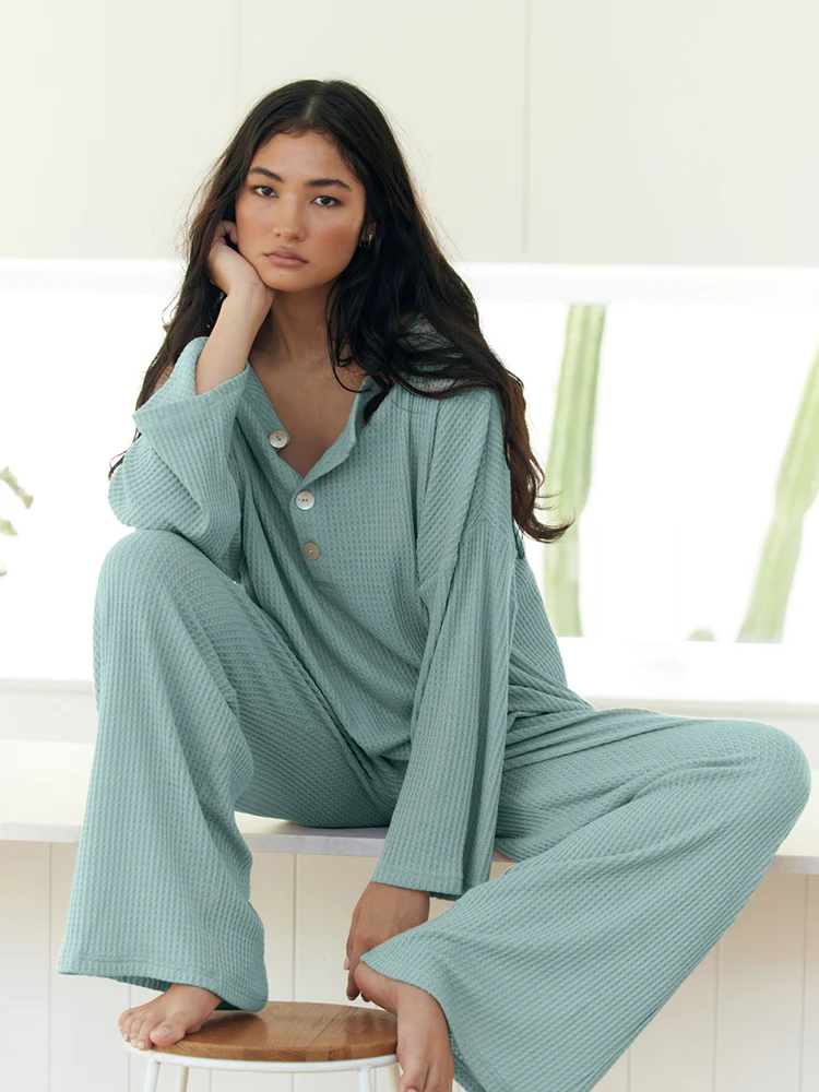 

Hiloc женский однотонный комплект одежды для сна с длинным рукавом, свободная женская зимняя одежда 2022