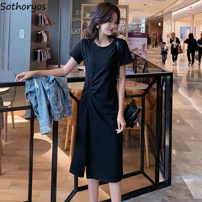 

Shirring Dress Women Knee Length Side-slit Pure Color O-neck Elegant Ladies Simple Short Sleeve Casual Loose M-3XL Korean New