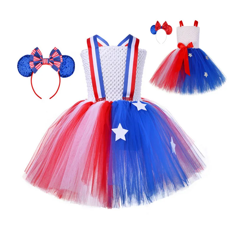 

Independence Day 4th of July Girls Tutu Dress Headband Red White Blue Kids Patriotic Dresses Carnival Festival Holiday Costume