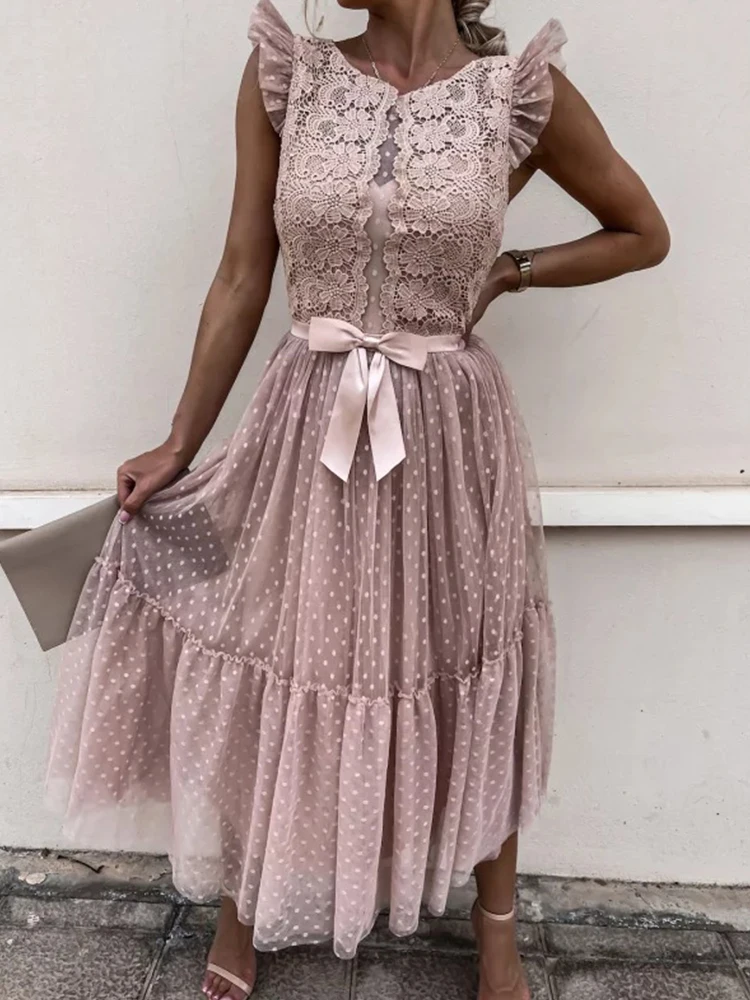 

Модное платье подружки невесты с вышивкой на завязках Новинка женское сексуальное облегающее платье без рукавов элегантное Сетчатое кружевное платье в горошек с круглым вырезом для вечеринки