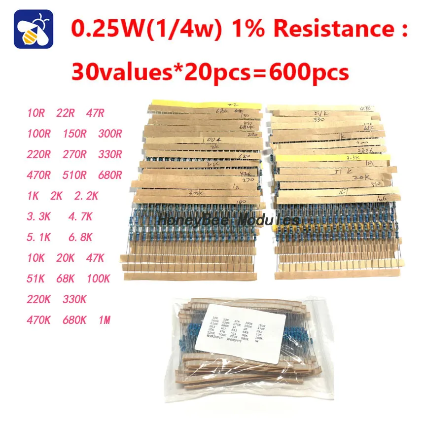 

600PCS 1/4w Metal Film Resistor Kit Precision 1% Repair Common Resistors Mixed Kit 10R-1M 20 of each of 30
