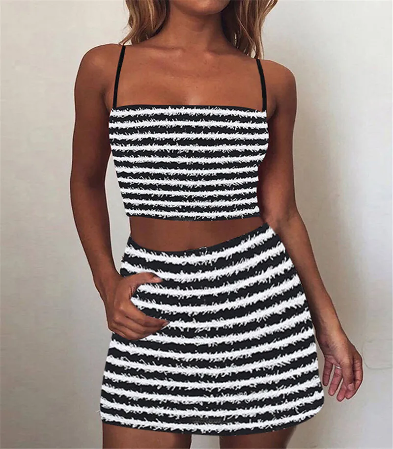 

New Fashion Black And White Striped Women Clothes Spaghetti Strap Slash Neck Camis High Waist Mini Skirts Party Two Piece Set
