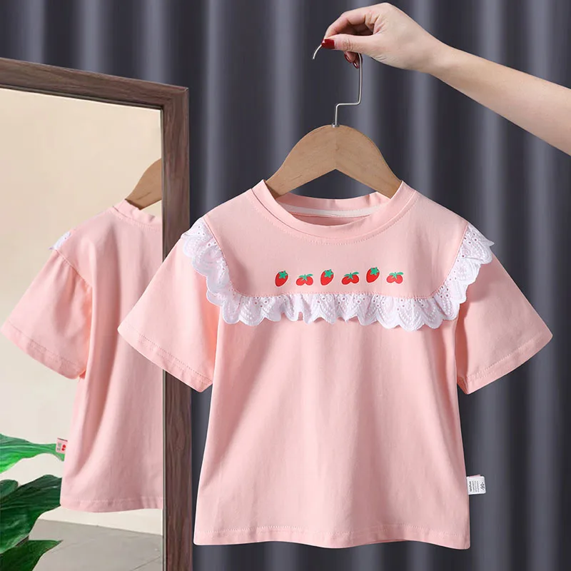 

Летние футболки с коротким рукавом для девочек, модель 2022 года, корейский стиль, для детей ясельного возраста, детские топы с кружевной отде...