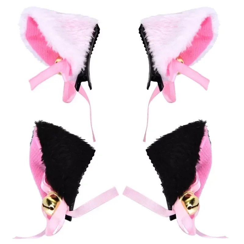 

2Pcs Lolita White Black Cat Ears with Bell Hair Clip Cosplay Party Fox Long Fur Costume Hair Clip Halloween Gift Hair Accessory