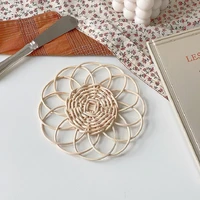 rattan flower shaped placemat hand woven drink coaster table anti scalding heat insulation pad coffee tea cup mat photo props
