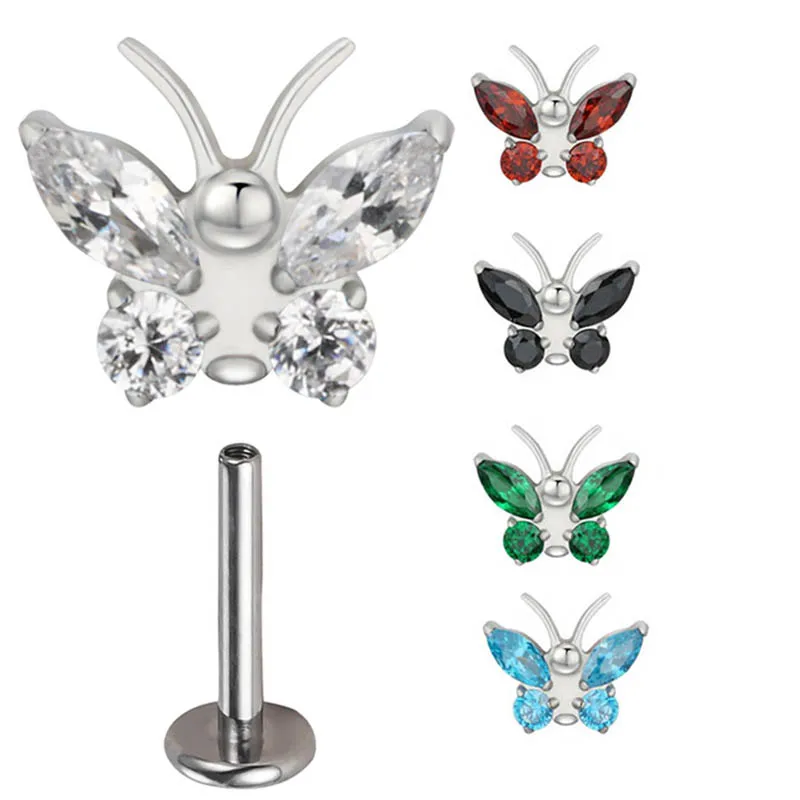 

ASTM F136 Titanium EAR PIERC Butterfly shape 4 CZ Paved Top Labret Studs Ear Cartilage Earrings Lip Ring Stud Piercing Jewelry