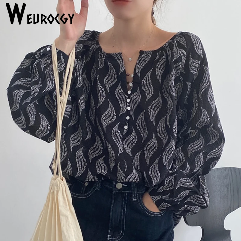 Женская винтажная блузка с длинным рукавом Повседневная Свободная рубашка