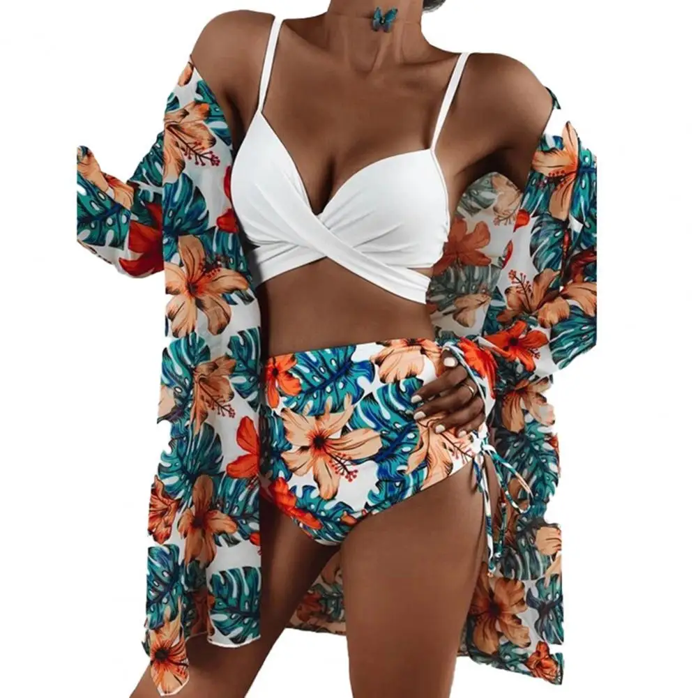 

Chic Bikini Set Bandage Soft Hawaii Floral Leaf Print Hawaii Bra Briefs Cardigan Swimsuit Set