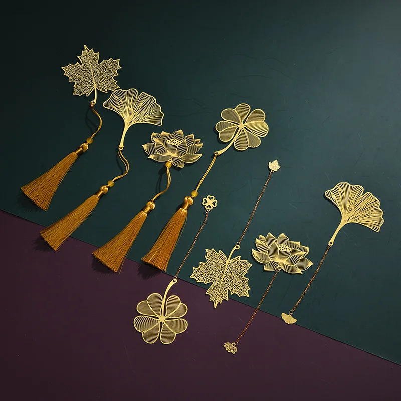 

1PC Chinese Style Hollow Out Animals Gold Color Metal Bookmark With Pendant Vintage Lotus Leaf Bookmark Creative Stationery Gift