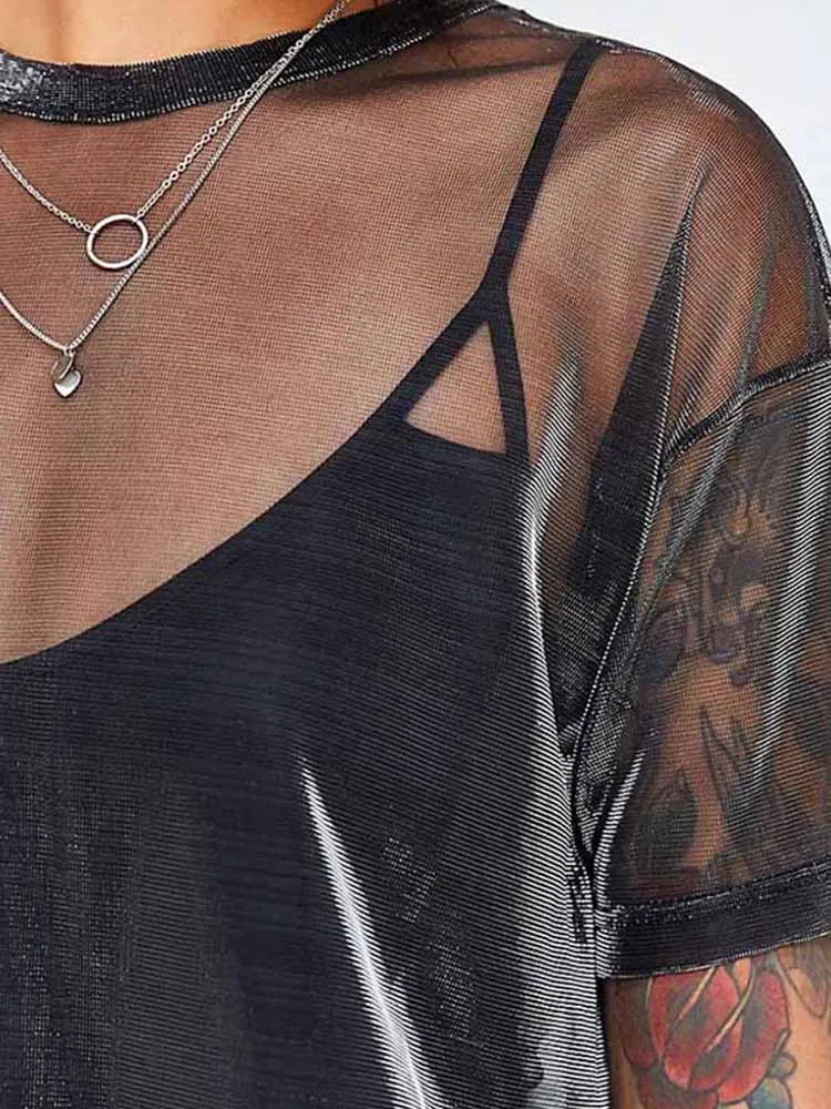 Сексуальная сетчатая блузка 2024 летние прозрачные женские рубашки с коротким