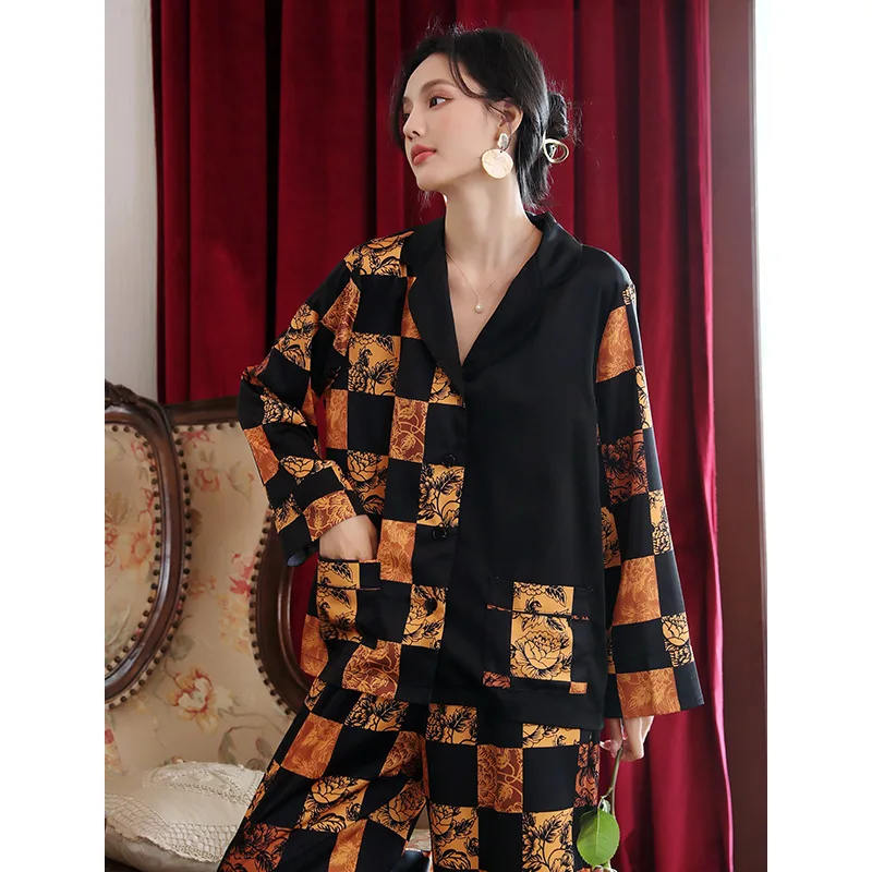 Plaid pajamas women's ice silk long-sleeved trousers two-piece retro pajama set women ชุดนอน