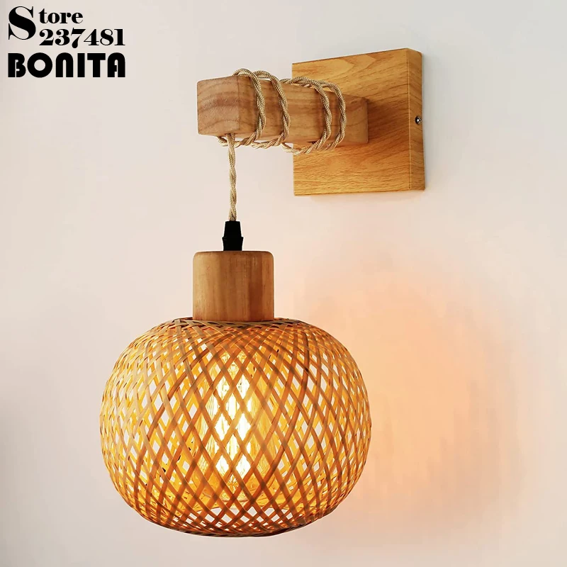 

Bedside Hallway Dining Room Bamboo Rattan Wall Lamp Solid Wood Beam Bamboo Weaving Wall Light Rural Natural Style Sconces Light