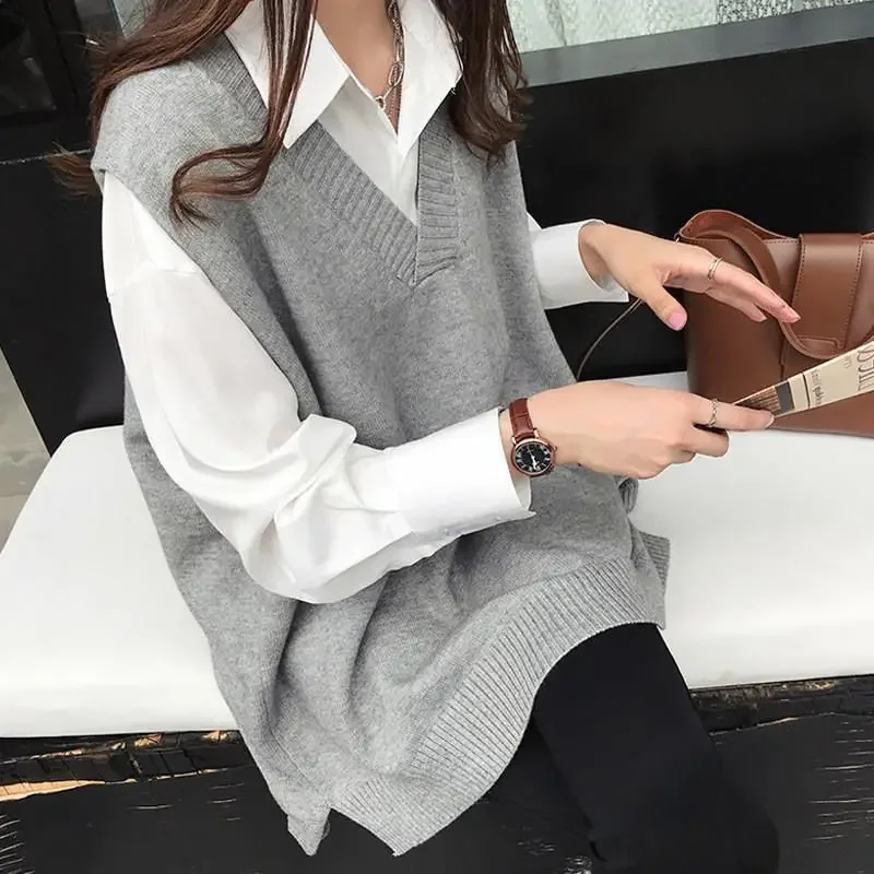 Women Vests Design S-3XL Solid All Match Cozy Loose V-neck Elegant Preppy Sweater Sleeveless Casual Korean Style Fashion Femme