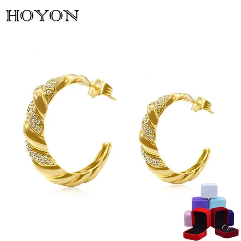

HOYON 18K Gold Color Threaded AAA zircon new year earrings for women office C-shaped croissant studs copper ins jewelry free