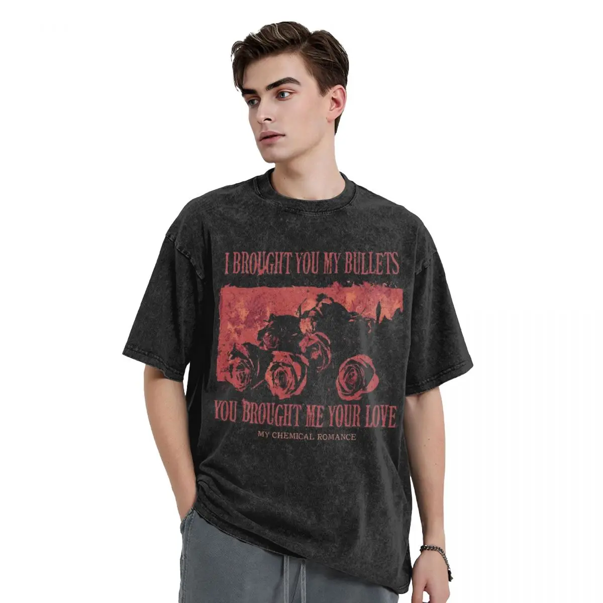 Harajuku Washed T Shirt Mcr Band Punk Rock Хлопковые футболки My Chemical Romance Трендовая футболка для