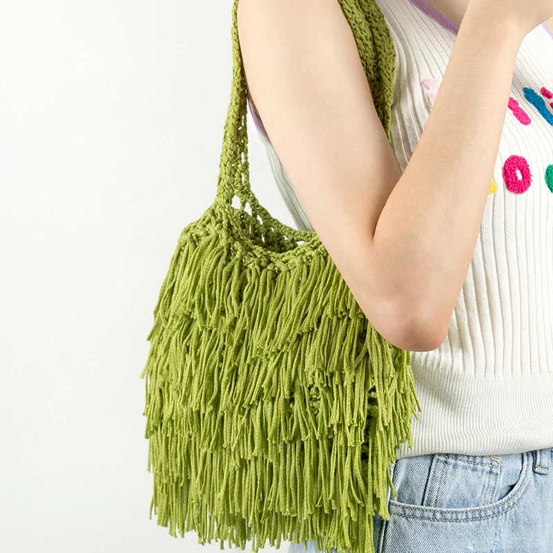 

Retro Crochet Tassel Handbag for Women Hollow Woven Shoulder Bag Designer Underarm Bags Ladies Fashion Top-Handle Bag Ins New