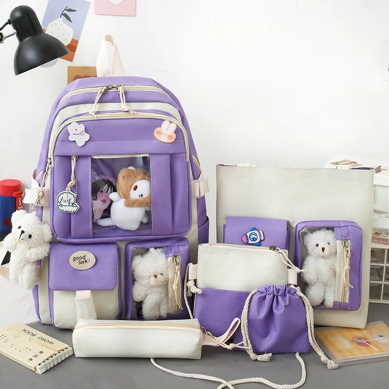 

5 Pcs Set Backpack for Women School Bag Girls Kids Teenager Fabric Aesthetic Backpacks Kawaii Laptop Women's Stylish Waterproof