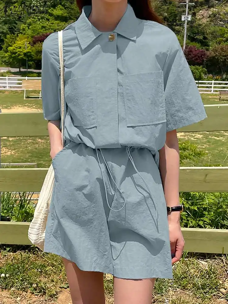 

ZANZEA Casual Loose Women Shorts Overalls Short Sleeve Pockets Fashion Solid Playsuits 2023 Summer Drawstring Rompers Jumpsuits
