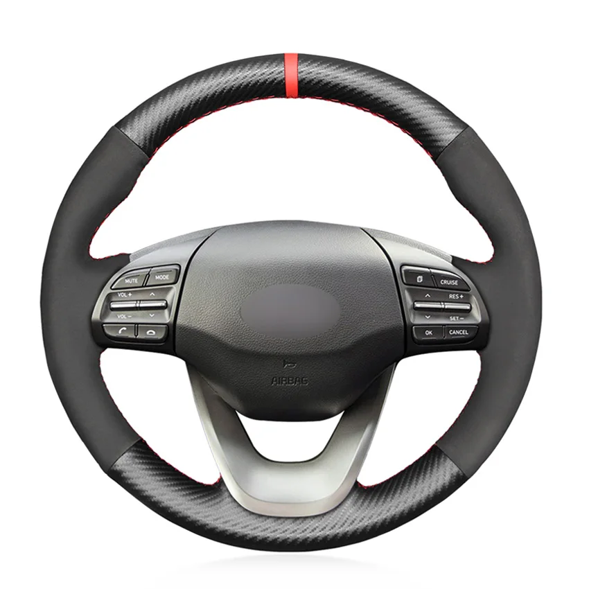 

Black Suede Carbon Fiber Red Marker Hand-stitched No-slip Car Steering Wheel Cover for Hyundai Kona 2017 2018 2019