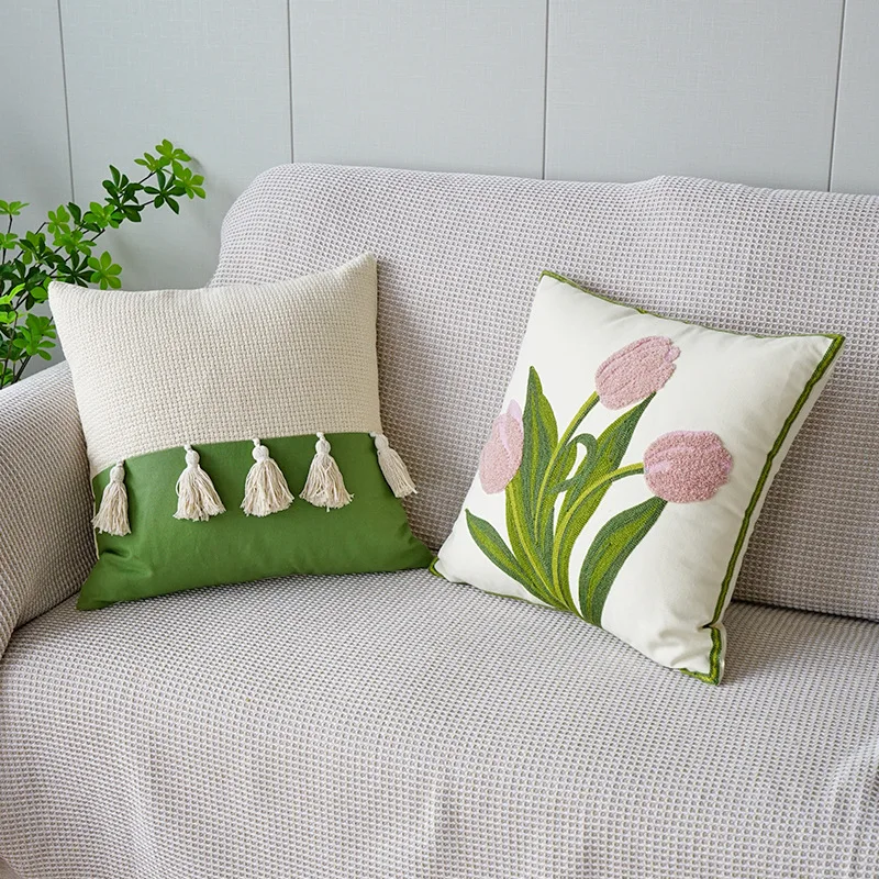 

Case Throw Sofa Cushion Green Bedroom Fresh Cover 45*45cm Decorative Flowers Pillowcase Tulip Embroidered Pillow Square Waist
