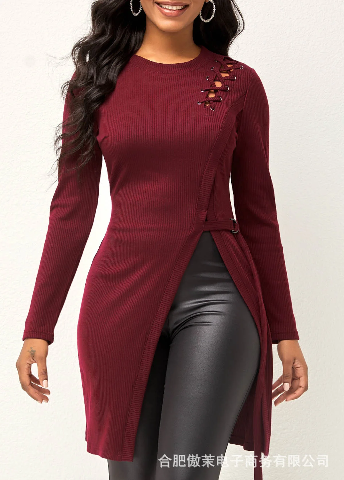 

Long Sleeve High Slit Band Decor Ribbed Top Chic Fashion Summer Hollowed Out Crew Neck Sweater Form-fitting