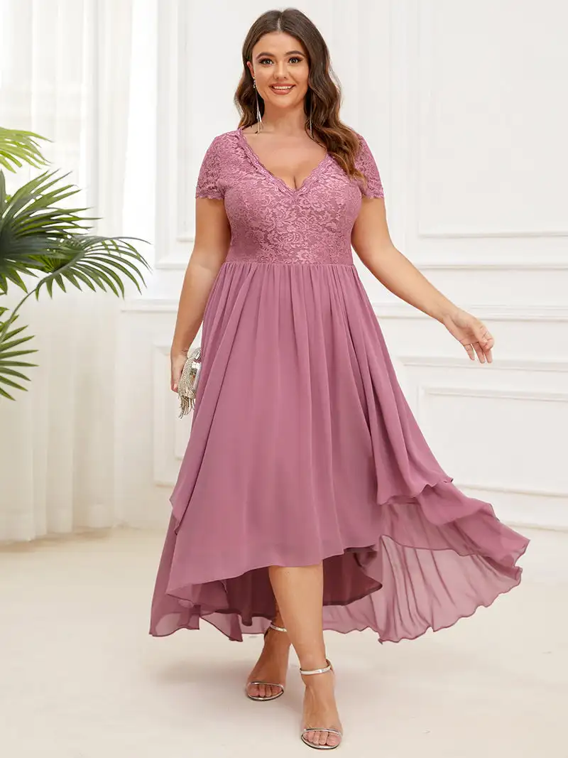 

Plus Size 9XL Evening Dresses Deep V Neck Short Sleeves Knee-Length 2023 Ever Pretty of Orchid Lace Mother of Bridesmaid Dresse