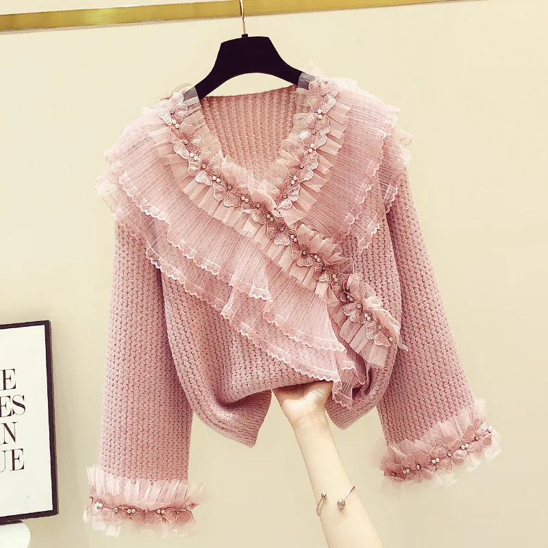 Beaded Ruffles Patchwork Knitted Women Sweater Pullovers Winter New Flare Sleeved Loose Thicken Warm Female Pulls Outwears