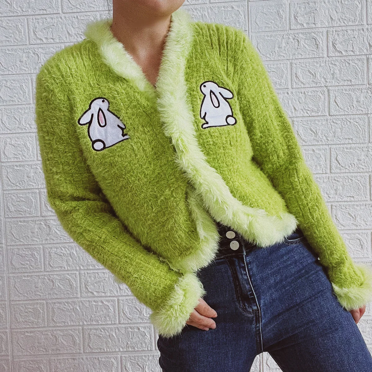 

Cute Sweet Long Sleeve Cardigan for Women Fashion Imitation Rabbit Fur Green Sweaters 2022 Autumn Winter Knitted Cardigans Coat